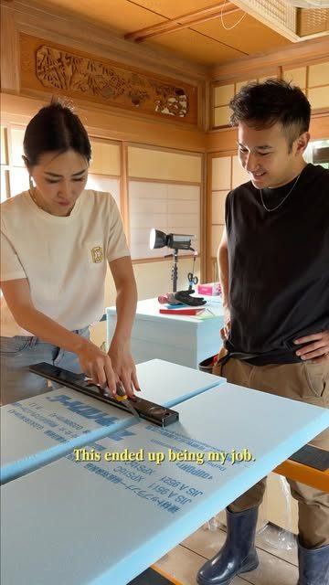 Cutting insulation board in the old tatami room