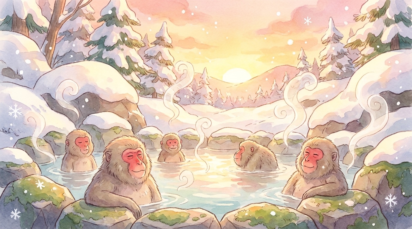 Watercolor illustration of snow monkeys soaking in a steaming hot spring surrounded by snow
