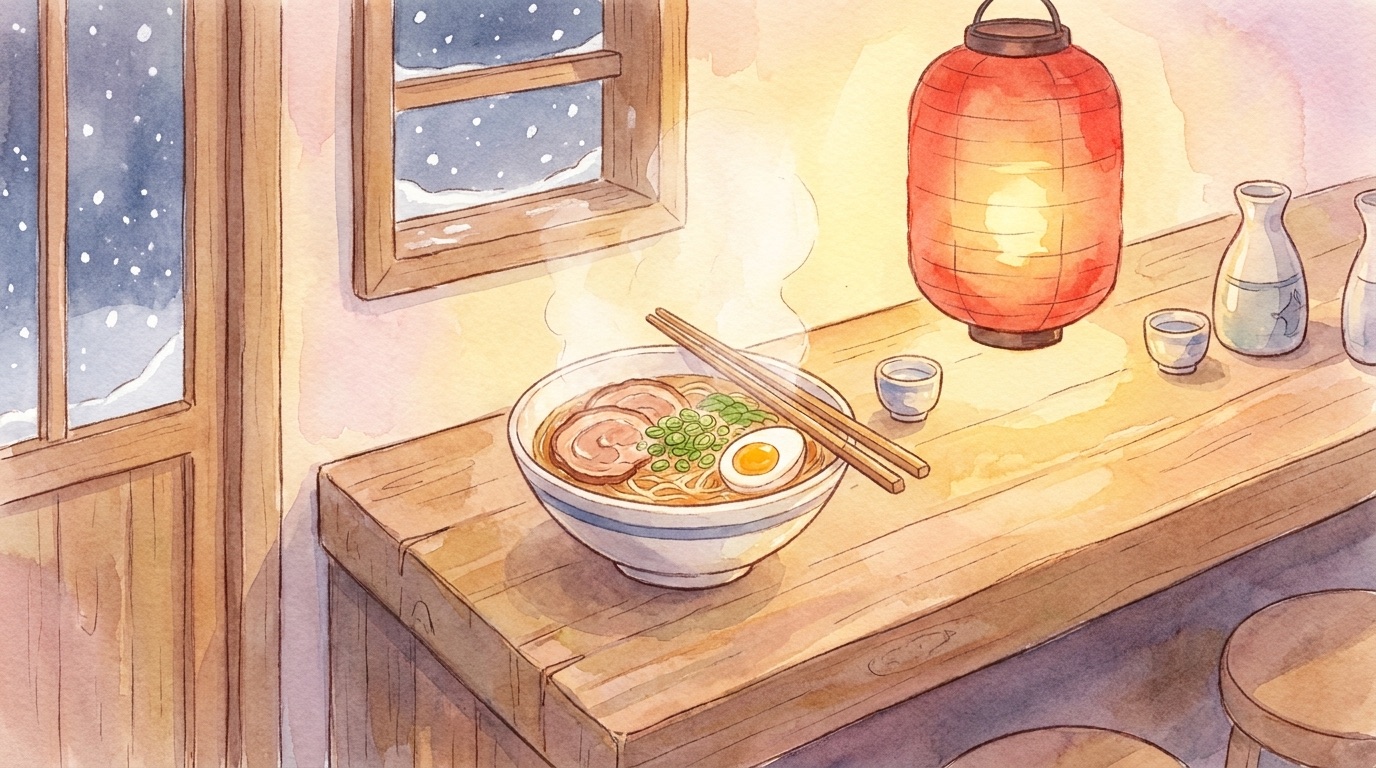 Watercolor illustration of a steaming bowl of miso ramen in a tiny izakaya with a red lantern