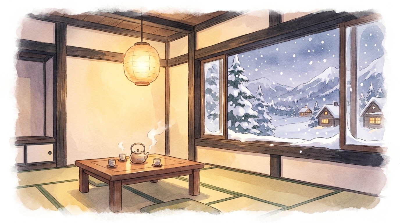 Watercolor illustration of the warm tatami room at dusk, snow falling outside the window