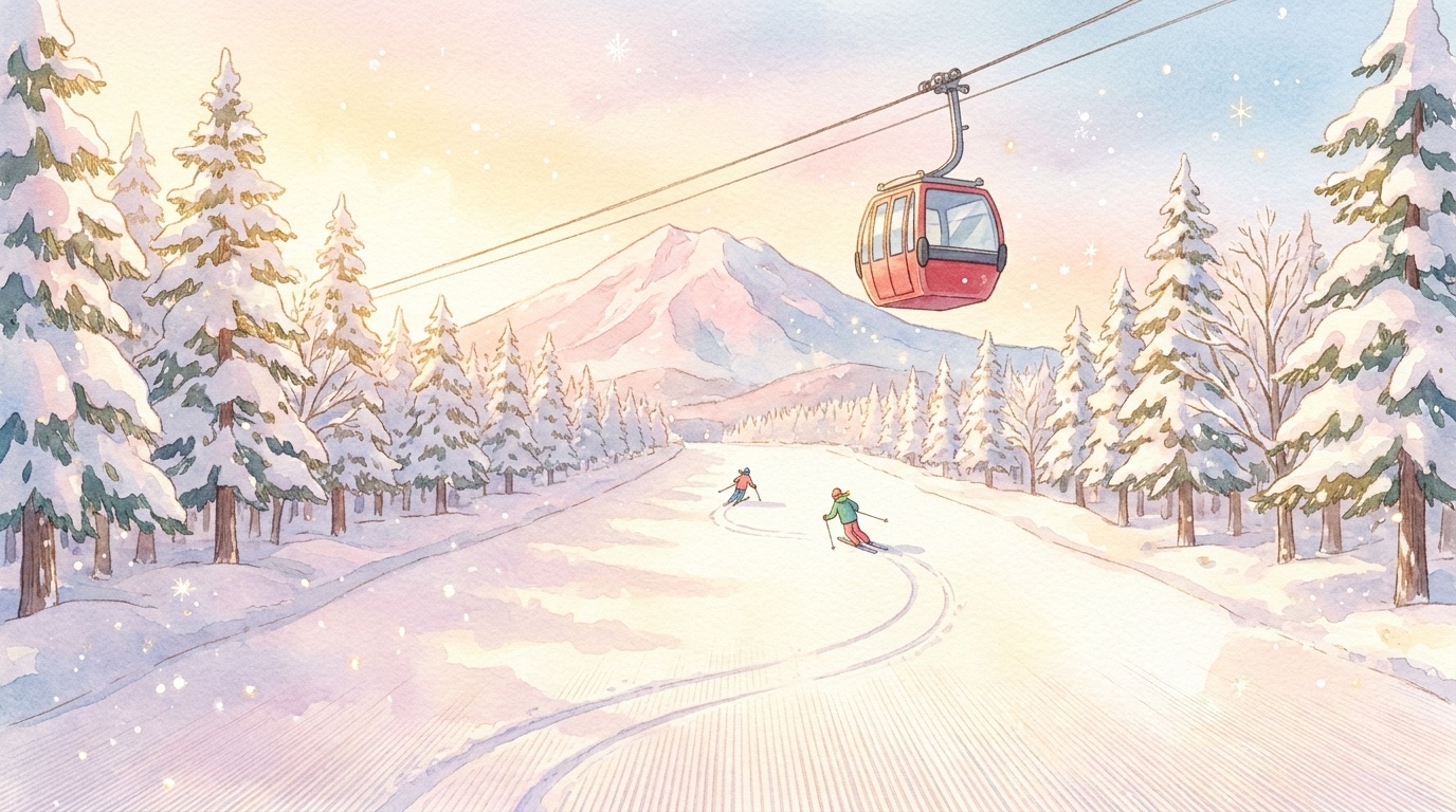 Watercolor illustration of two skiers on a wide empty groomed run below Mount Myōkō