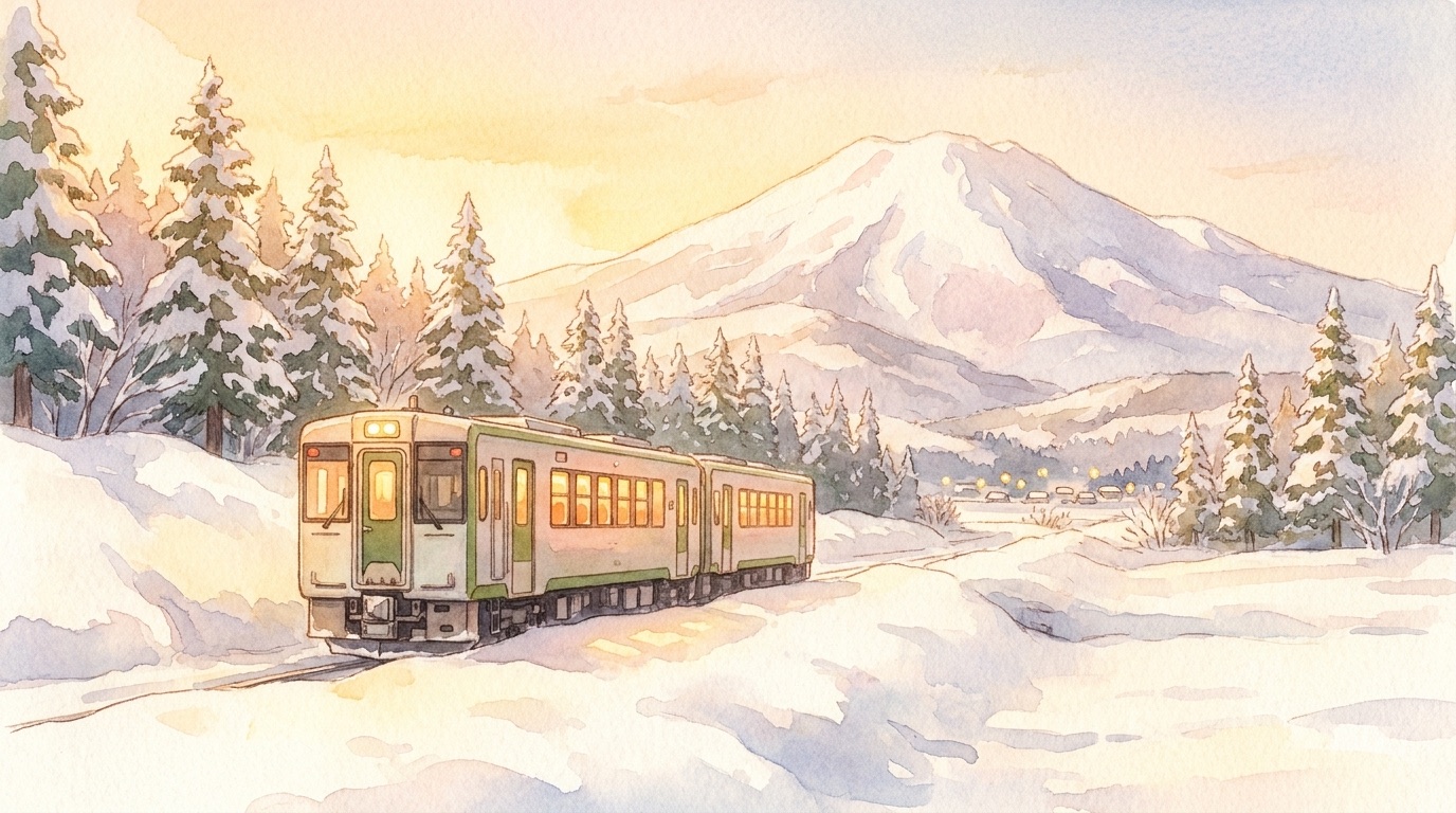 Watercolor illustration of a small local train travelling through deep snow country toward Mount Myōkō