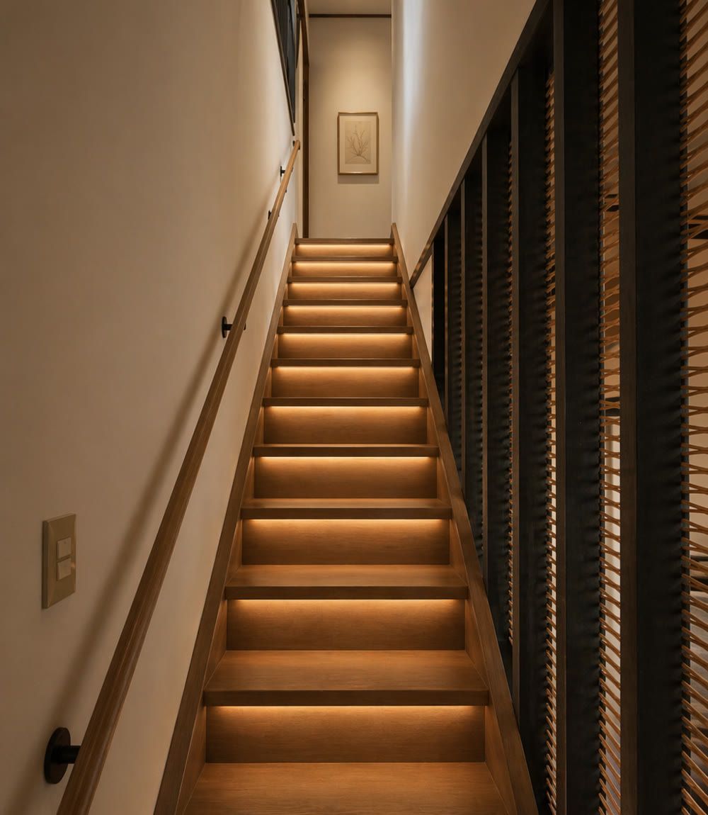 Design render: the warm-lit oak stair