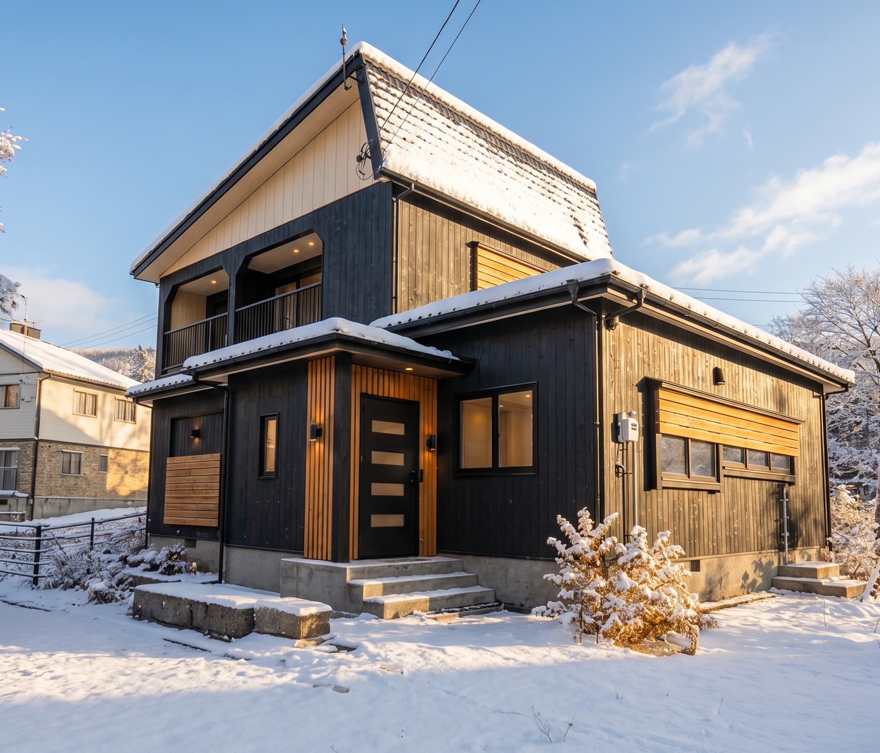 Design render: the chalet on a sunny winter morning