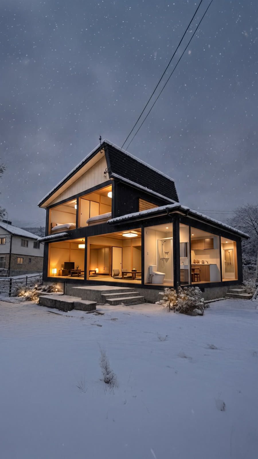 Design render: the chalet with its rooms visible inside